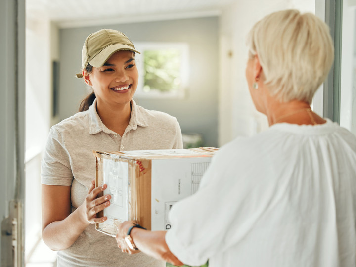 Delivery, customer and courier with box at door for shipping, ec